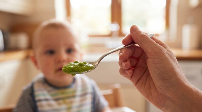 Baby being spoon-fed blended peas, illustrating early nutrition techniques and healthy weaning milestones.