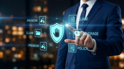 Fototapeta premium Faceless professional overview of businessman in navy wool suit interacting with glowing cyan digital HUD featuring health insurance icons and text over blurred city night bokeh background.
