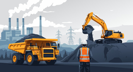 Industrial mining operation with a large dump truck and excavator, demonstrating heavy machinery in resource extraction © Beny Qurdy