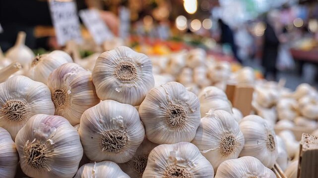 Fresh Garlic Bulbs Piled High at a Vibrant Market Stall.