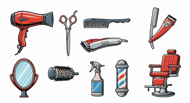 Collection of barber shop equipment, including a red hairdryer, scissors, comb, and electric clippers