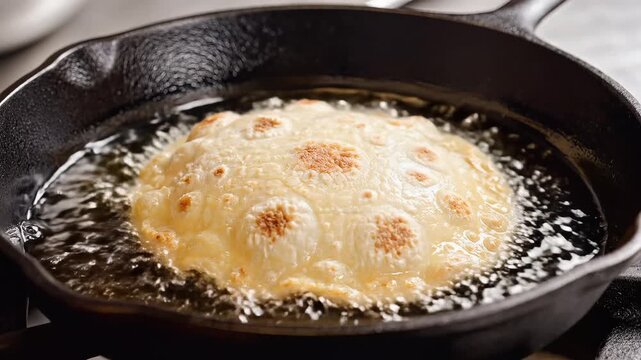 Frying Puri in Hot Oil in Cast Iron Skillet Close Up.