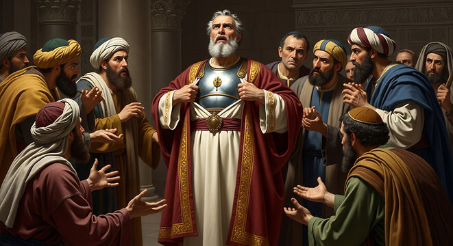 High priest tearing sacred garment during intense theological discussion among religious scholars in a dramatic biblical judgment scene with emotional conflict and traditional robes.