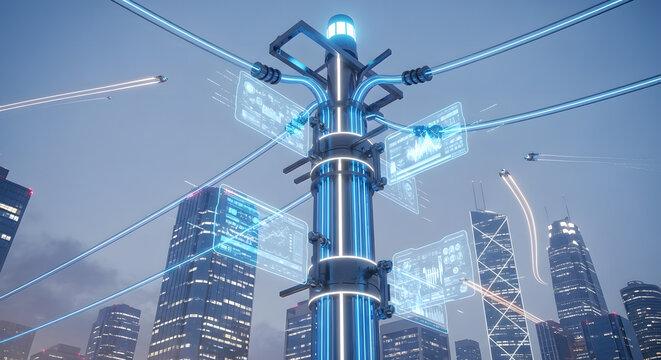 A futuristic reimagining of a utility pole where the wires are glowing blue fiber-optic conduits pulsing with data energy