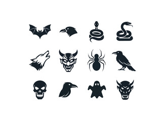 Obraz premium Dark silhouettes of animals and symbols against black background