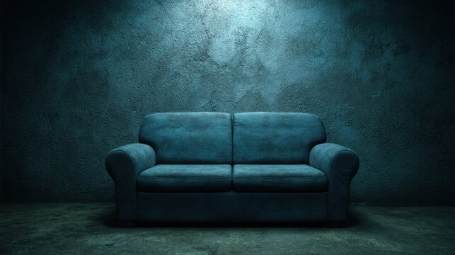 Cozy blue couch against a textured dark wall, modern interior design concept for home decor, stylized living space