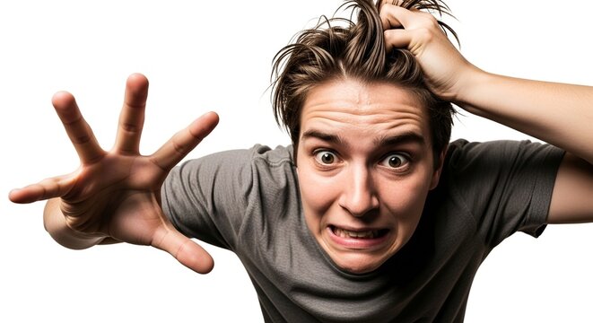 Visceral POV Portrait of Young Man Experiencing Acute Mental Breakdown and Panic Attack with Clawing Hand Gesture