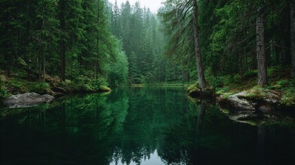 Obraz premium Tranquil Forest Lake Surrounded by Lush Greenery and Misty Reflections in a Serene Natural Environment