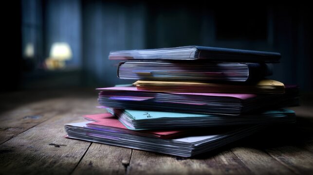 Colorful Stacked Folders on Wooden Table in Serene Room with Soft Ambient Light in Background