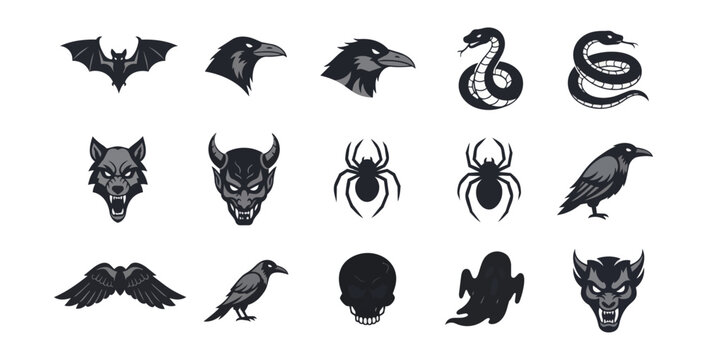 Graphic set of dark creatures and symbols on black background