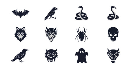 Fototapeta premium Set of dark fantasy creatures vector illustrations on black background