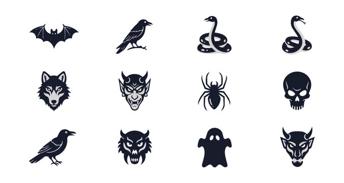 Set of dark fantasy creatures vector illustrations on black background