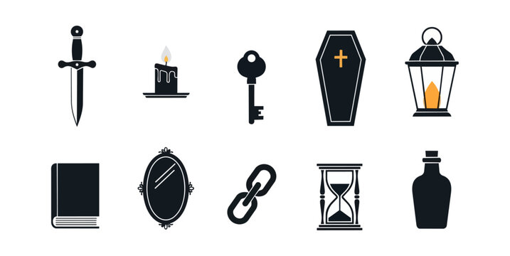 Set of dark themed symbols dagger candle key coffin lantern book mirror chain hourglass bottle