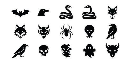 Fototapeta premium Silhouetted creatures and symbols on black backgrounds