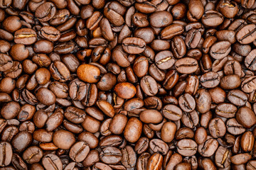Fototapeta premium Fresh coffee beans in close-up showing different shapes and sizes on a wooden surface ready for brewing