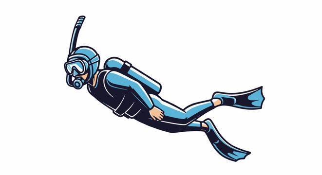 Cartoon diver in light blue wetsuit with black accents, mask, snorkel, and flippers