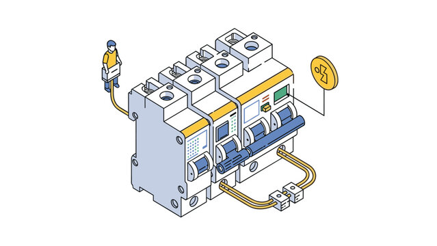 Industrial electrical technician manages a set of large circuit breakers with complex power distribution wiring.