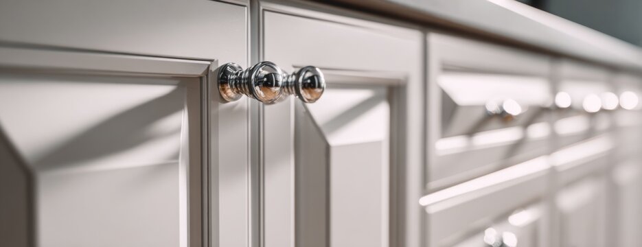 Modern kitchen cabinet with sleek metallic knobs and clean lines  