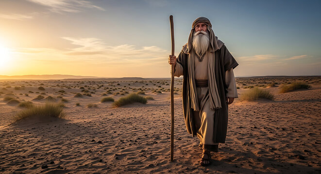 Majestic elderly patriarch with flowing white beard trekking across arid desert landscape holding wooden staff, evoking imagery of a biblical prophet or Moses leading a spiritual journey.
