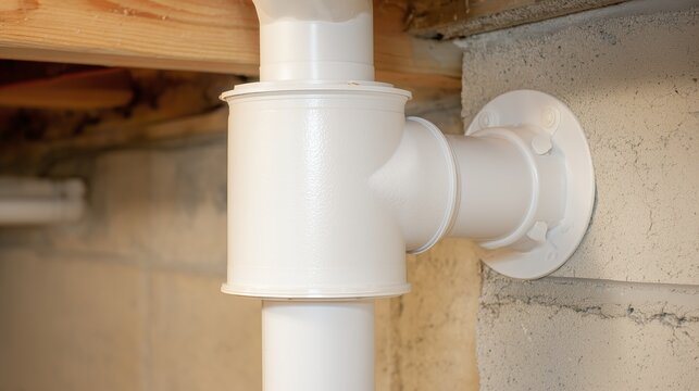 White pvc radon mitigation vent pipe installed through basement ceiling into foundation wall, symbolizing radiation vent and radon mitigation service.
