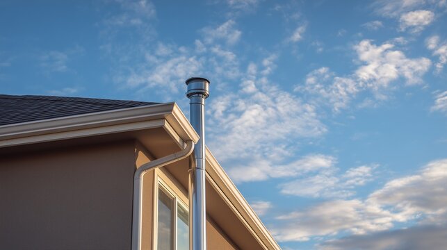 Exterior side wall pipe for radon mitigation mounted on house wall, showing rooftop vent pipe and clear sky, conveys radon mitigation system and home safety.