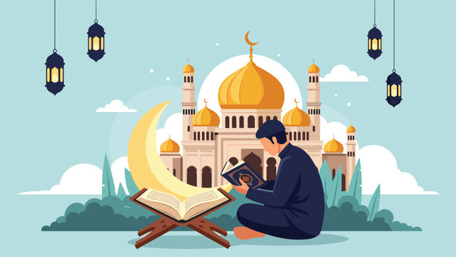 Muslim man sits peacefully reading the holy Quran outdoors with a beautiful mosque and golden crescent moon in the background.