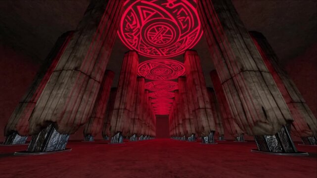 防衛システムのために構築され深紅のルーンが点灯する魔導コア柱