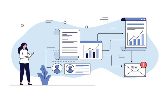 Female professional manages complex data flows including bar graphs and documents connected in a digital workflow.