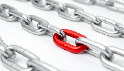 Fototapeta premium Metallic chain with one red link, symbolizing uniqueness, strength, critical connection, resilience, and standout identity in uniform systems.