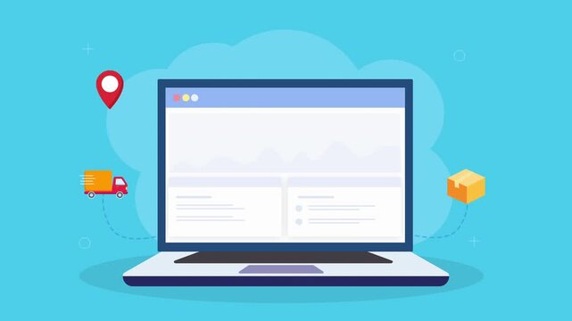 Animated laptop displaying delivery tracking dashboard with location pin, delivery truck, and package logistics elements in clean flat design on teal background.