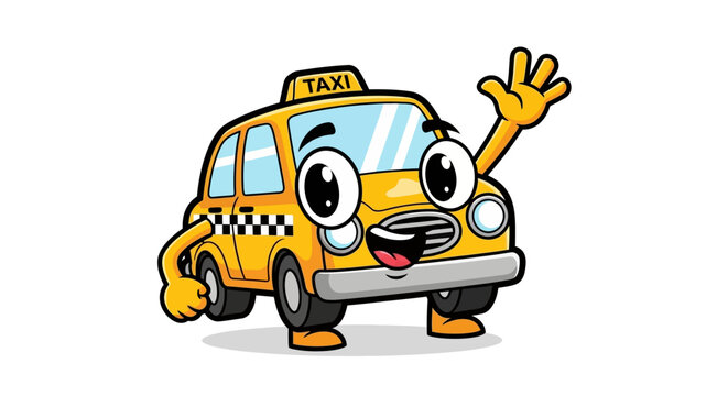 Happy yellow cartoon taxi car character with waving hand and big eyes