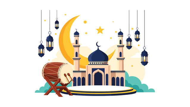 Elegant mosque architecture is showcased at night under a golden crescent moon and stars with hanging lanterns.