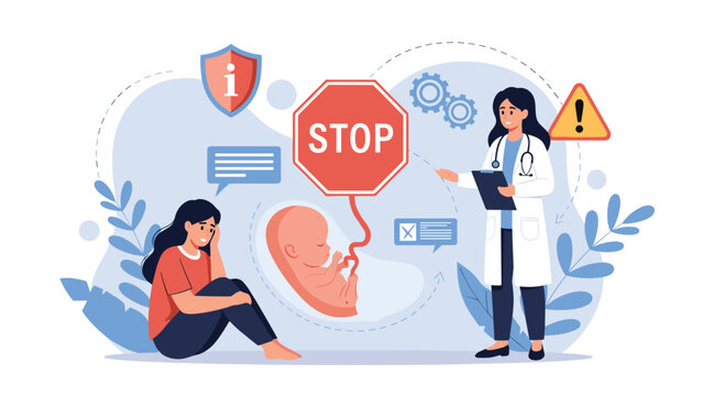 Emotional scene showing doctor explaining abortion restriction or pregnancy complications to distressed woman with stop sign over fetus illustration.