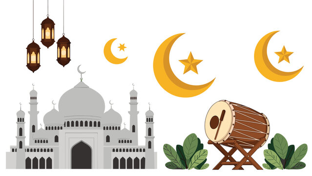 Festive Islamic scene features a white mosque, a traditional prayer drum, glowing lanterns, and several crescent moons.