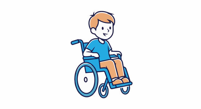 Cheerful cartoon child with orange hair sits in a blue wheelchair, wearing a blue t-shirt and orange pants