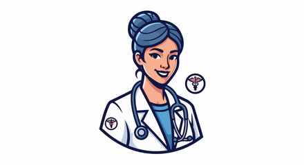 Fototapeta premium Cartoon of a smiling female doctor in a white coat with a stethoscope