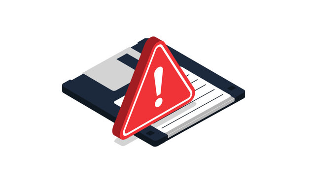 Isometric view of a black floppy disk features a prominent red warning triangle with an exclamation mark on top.