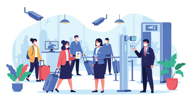 People wearing face masks at a modern airport terminal passing through a security checkpoint with temperature screening and cameras.
