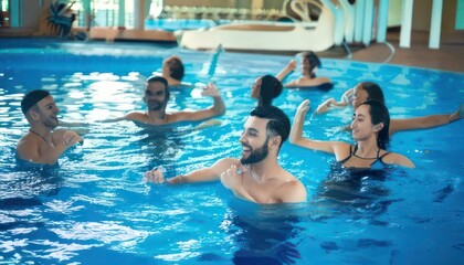 Naklejka premium Group of people enjoying water aerobics in a pool.