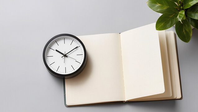 Desk Clock and Open Notebook on Gray Background with Plant