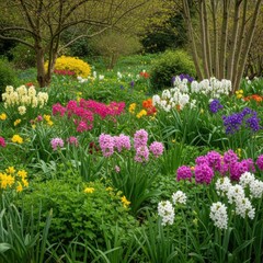 Fototapeta premium Lush garden scene with blooming pink, white, and purple hyacinths, yellow daffodils, and dense green foliage beneath the branches of deciduous trees in a botanical setting.