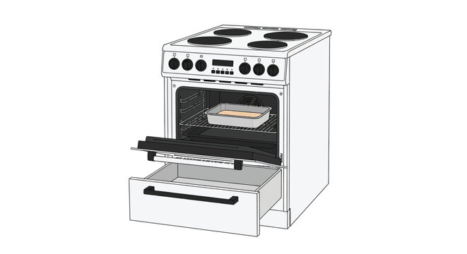 A white electric cooker with four hob rings and an open oven containing a baking tray