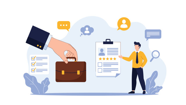 Huge hand handing a briefcase to a job seeker next to a professional profile with high ratings and stars for hiring.