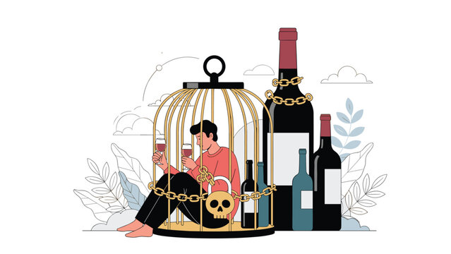 Man sitting inside a golden cage surrounded by giant wine bottles illustrates the suffocating nature of alcohol addiction and dependency.