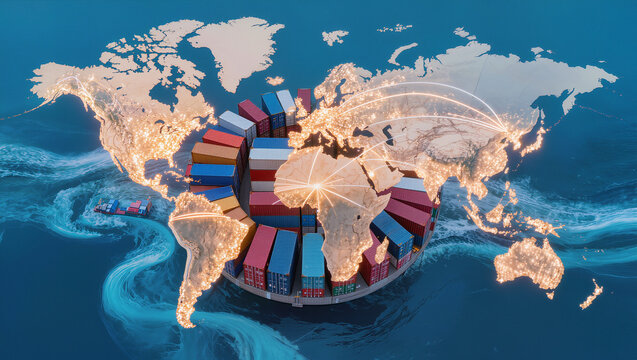 Global Logistics and Trade Network with Shipping Containers on World Map