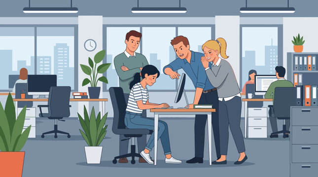 Office Workplace Bullying Scene Depicting a Female Employee Being Harassed by Coworkers
