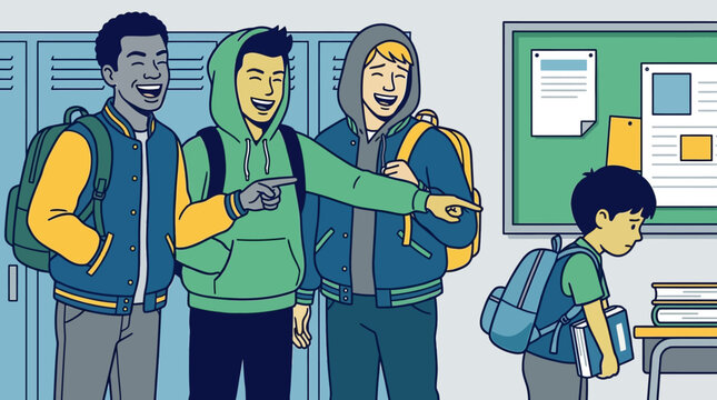 School hallway scene depicting peer bullying with students pointing and laughing at a lone boy