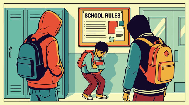 Schoolyard dynamics depict a lonely student amidst intimidating peers facing the hall of rules