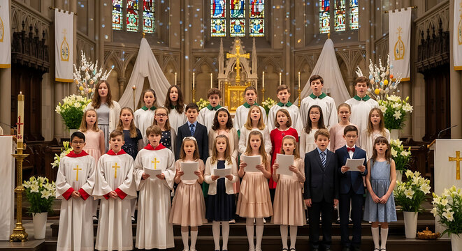 Young choir singing sacred gospel hymn during festive Easter Sunday mass service inside grand traditional cathedral with diverse group of boy and girl talent in holy atmosphere.