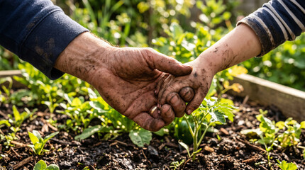 Fototapeta premium Close-up of father and little son holding hands while working together in the garden in a sunny backyard, uniting the family and passing on traditions, sunny day